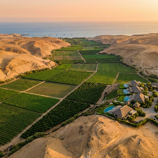 Vista aérea de La Villa de Concón — terrenos verdes rodeados de cerros y mar